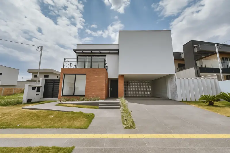 Fachada da Casa do Mirante, no Jardins Bolonha, com volume branco e tijolo aparente